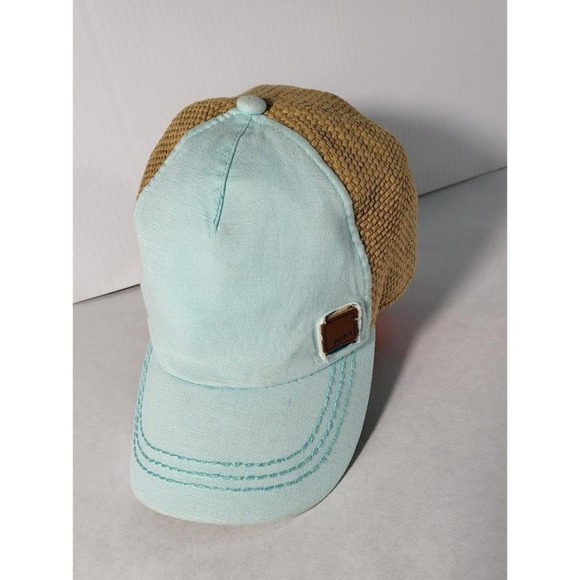 Roxy Straw Baseball Cap Adjustable Back Tan Blue Beach Sun Hat - Picture 3 of 8